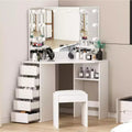 Corner vanity set with triple-fold lighted mirror, featuring a charging station, 5 rotating drawers, and storage benchperfect for the bedroom.